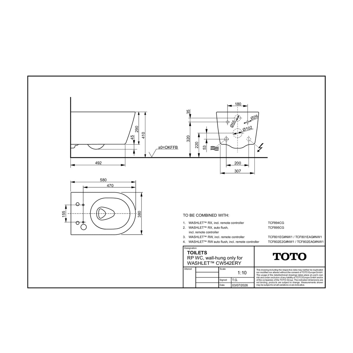 Plan coté de la cuvette TOTO RP CW542ERY